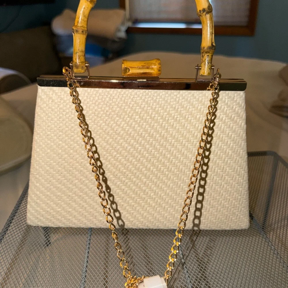 Embroidered Floral Straw Top-Handle Bag with Bamboo Handle - Cream
